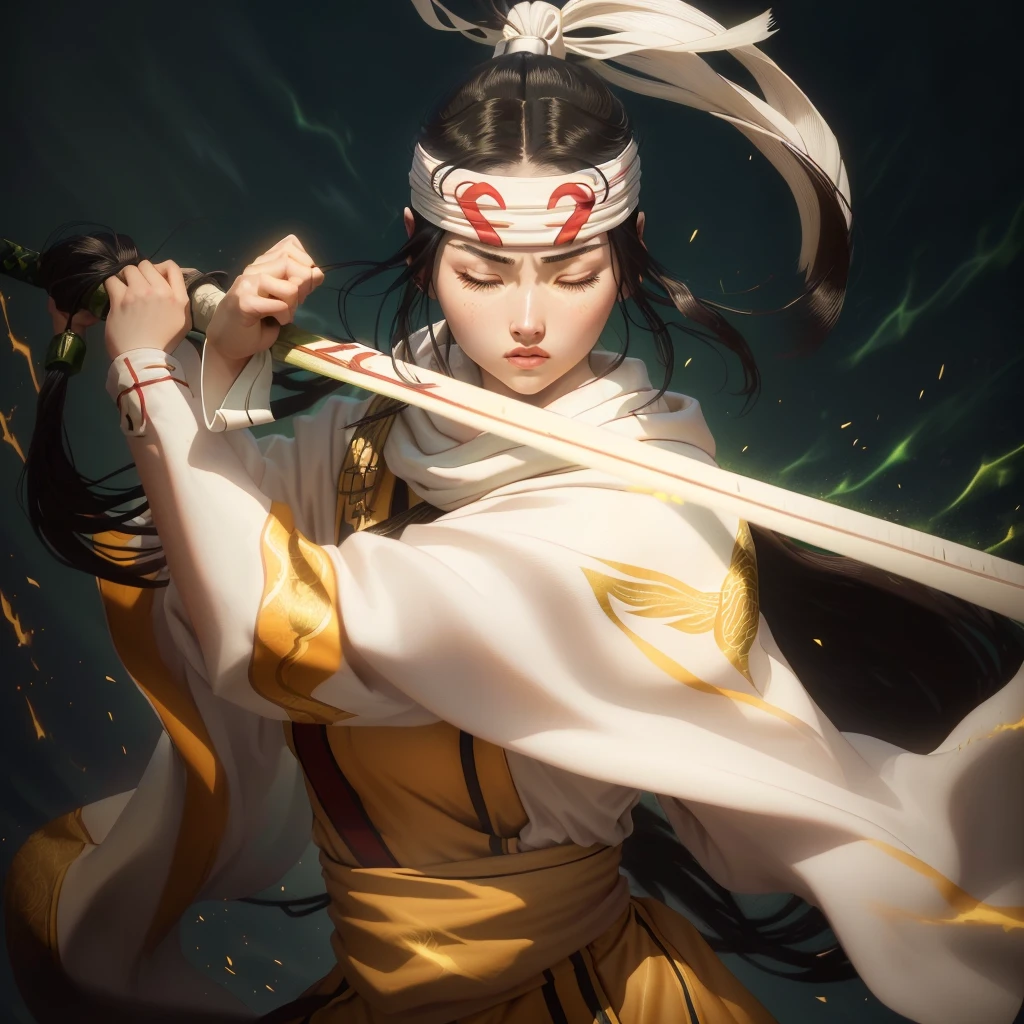 Masterpiece. Highest quality. Closed Eyes. Dynamic portrait of young Japanese warrior woman. Closed eyes, furrowed brows. Long black hair in high ponytail, loose strands framing face. White headband with green gem. Pale skin, pink cheeks and lips. White kosode, red hakama, green-yellow obi, dark arm wraps. Gripping katana diagonally, ornate green and gold hilt. Motion-filled pose, flowing clothing and hair. Dark, abstract background with no distinct objects or scenery. Hints of orange-red suggesting embers or energy, floating sparks. Dramatic lighting from upper left, creating rim light effect. Style blends traditional Japanese art with modern fantasy, emphasizing clean lines, movement, and power.