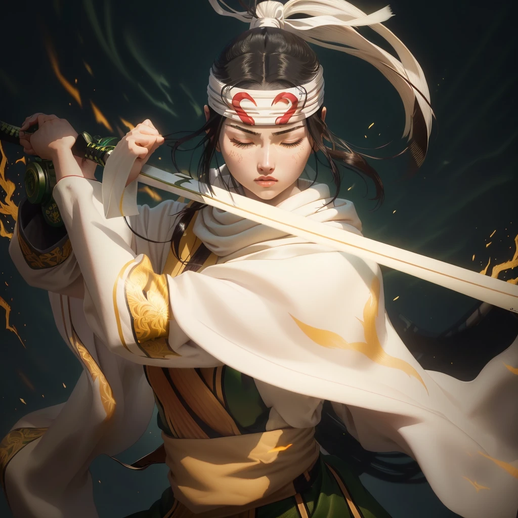 Masterpiece. Highest quality. Closed Eyes. Dynamic portrait of young Japanese warrior woman. Closed eyes, furrowed brows. Long black hair in high ponytail, loose strands framing face. White headband with green gem. Pale skin, pink cheeks and lips. White kosode, red hakama, green-yellow obi, dark arm wraps. Gripping katana diagonally, ornate green and gold hilt. Motion-filled pose, flowing clothing and hair. Dark, abstract background with no distinct objects or scenery. Hints of orange-red suggesting embers or energy, floating sparks. Dramatic lighting from upper left, creating rim light effect. Style blends traditional Japanese art with modern fantasy, emphasizing clean lines, movement, and power.