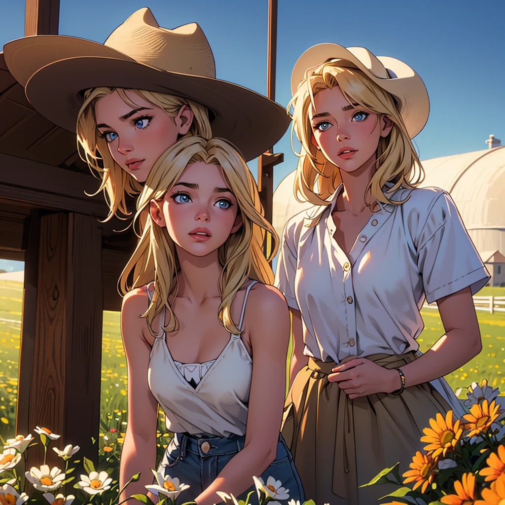 Realistic photo of a beautiful 18 year old m1l3yc, (best quality,ultra-detailed,realistic:1.2),beautiful detailed eyes,beautiful detailed lips,blonde hair,short shirt,bikini,cowboy hat,on a farm,next to a mill,illustration,detailed scenery,soft lighting,vibrant colors full body