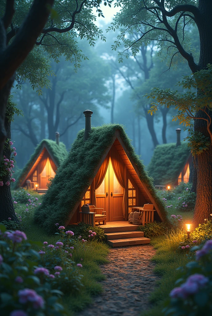 Romantic camping huts, illuminated environment and in the style that fairies would spend time there, Enchanted Magic Forest