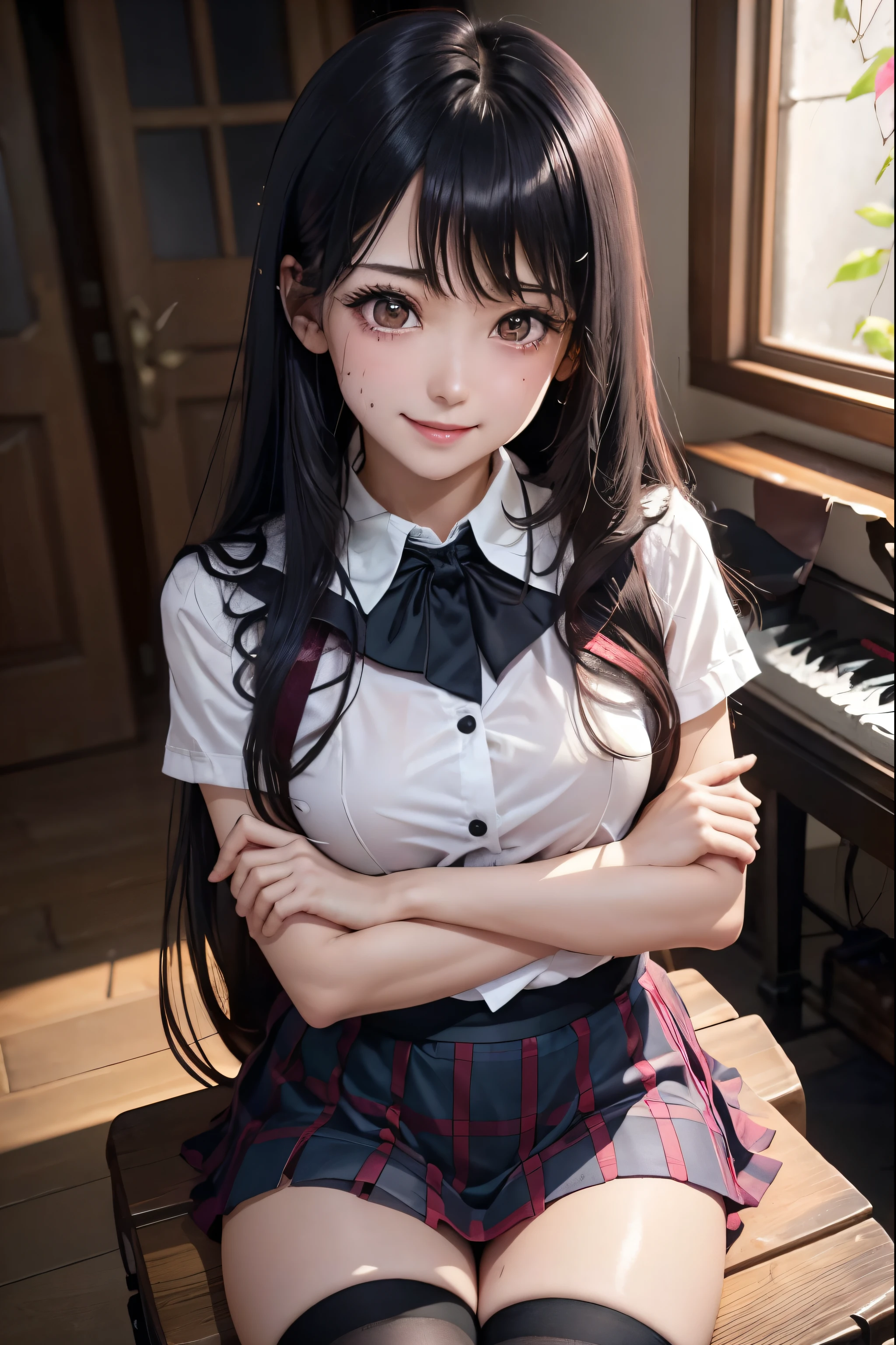 high school girlブレザー、high school girl、Red checked skirt、JK Style、Jacket、smile、garter、Knee socks、Panty stocking、Otherworldly beauty、Extraordinarily cute、boredom、unusual beauty、Dark black eyeshadow、sorrow、Good skin glow、Long Hair Straight Hair、Dark Gothic Makeup、暗いsmile、Beautiful woman、Stained Glass Background、On the table、Best Quality、5 reference books、Sweat glistens on my chest、Sweat glistens on my face、Thigh sweat、sweating、Black frill East size Regular size、Dark pink hair、Age 22 years old、Sweat sticks to my thighs、I sweat a lot and get sticky、My thighs are sticky and shiny、Sweating on thighs and chest、Small breasts、Slightly slim、I sweat all over my body、play the piano、Sit down and play an instrument、legs are thin、Two people、Lesbian couple、Hugging a girl、My female friend has a super cute face、My female friend has a very beautiful face、Do lesbian play、Super smooth straight hair、Thin thighs、