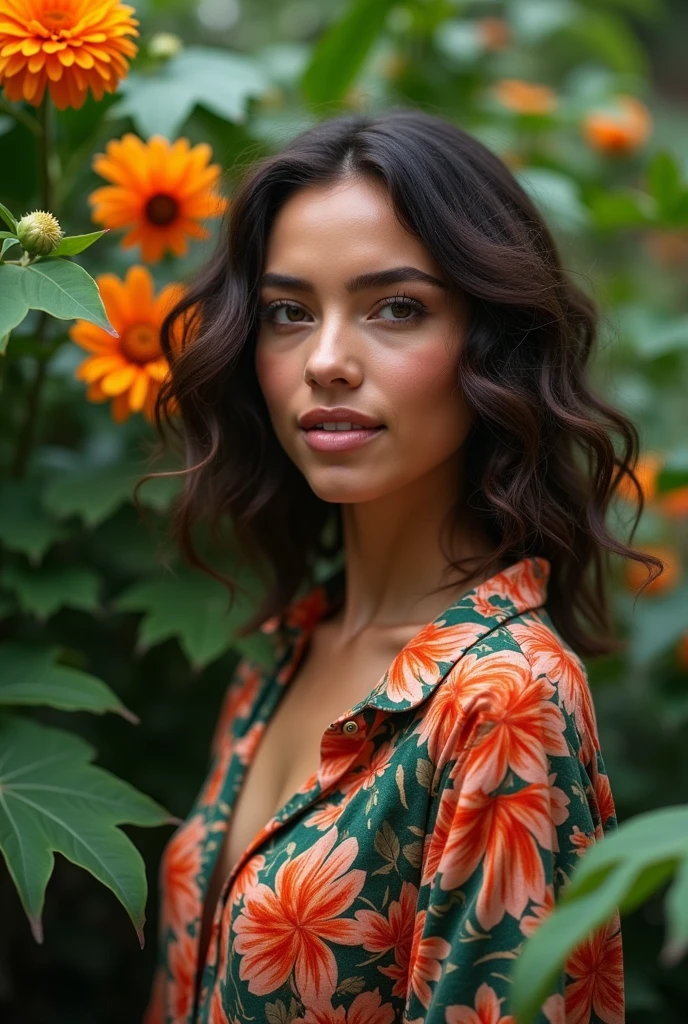 A Brazilian woman in a lush tropical garden, wearing an open shirt with a floral print, with a close-up capturing the harmonious beauty between her breasts and the natural flowers, showing off your natural charm and outgoing personality.