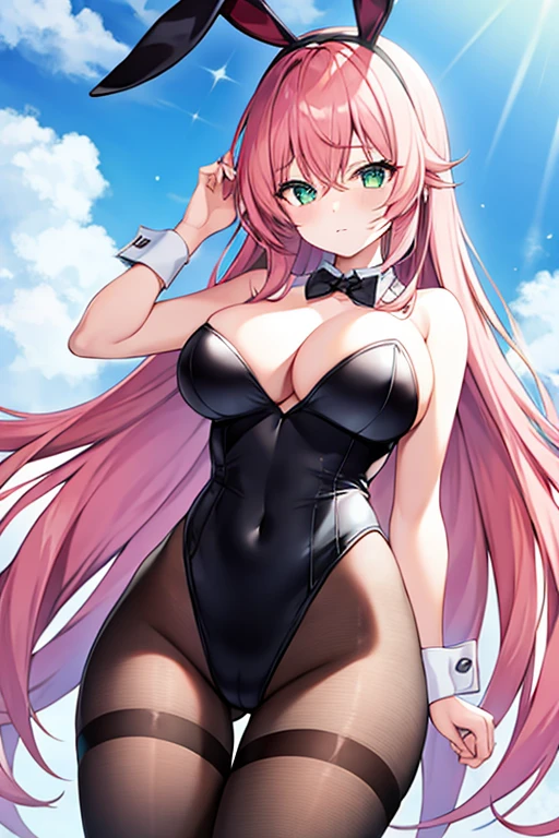 1girl, pink hair, long hair, hair over eyes, ((hair over eyes)), long bangs, ((long bangs)), green eyes, huge breasts, thick thighs, wide hips, mature female, hourglass figure, bunnysuit, rabbit ears, leotard, black leotard, bowtie, red bowtie, pantyhose, black pantyhose, shy, timid, text, number, numbers