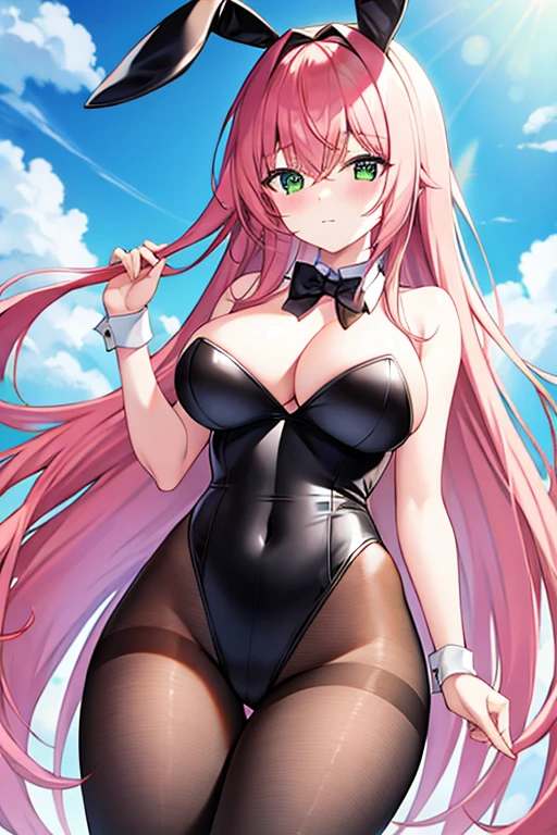 1girl, pink hair, long hair, hair over eyes, ((hair over eyes)), long bangs, ((long bangs)), green eyes, huge breasts, thick thighs, wide hips, mature female, hourglass figure, bunnysuit, rabbit ears, leotard, black leotard, bowtie, red bowtie, pantyhose, black pantyhose, shy, timid, text, number, numbers