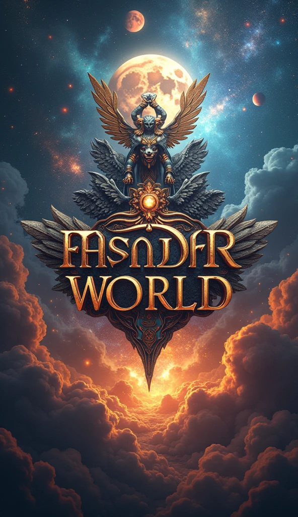 mythological Logo title word "FASDER WORLD", blast, thunder, universe, galaxy, burning planets, realistic, 8k ultra HD, falling stars, moon, sun, crystal clear, 3D, mythology, Sci-Fi, creatures, Storm, Fire, Wintet, Summer, globe, apocalypse