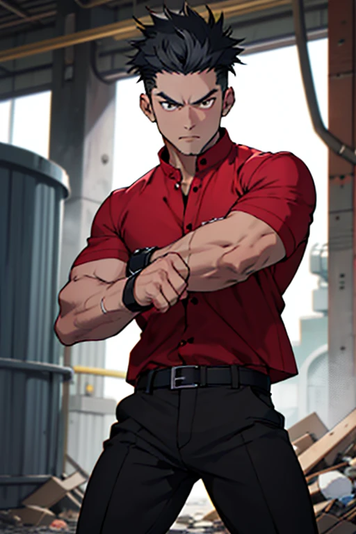 One boy, alone, Iris, Point pupils, Black Hair, short hair, gakuran, Black jacket,Red Shirt、Black Belt, Black trousers, bad、Waste Disposal Plant、Legs spread in fighting pose,　Upper Body