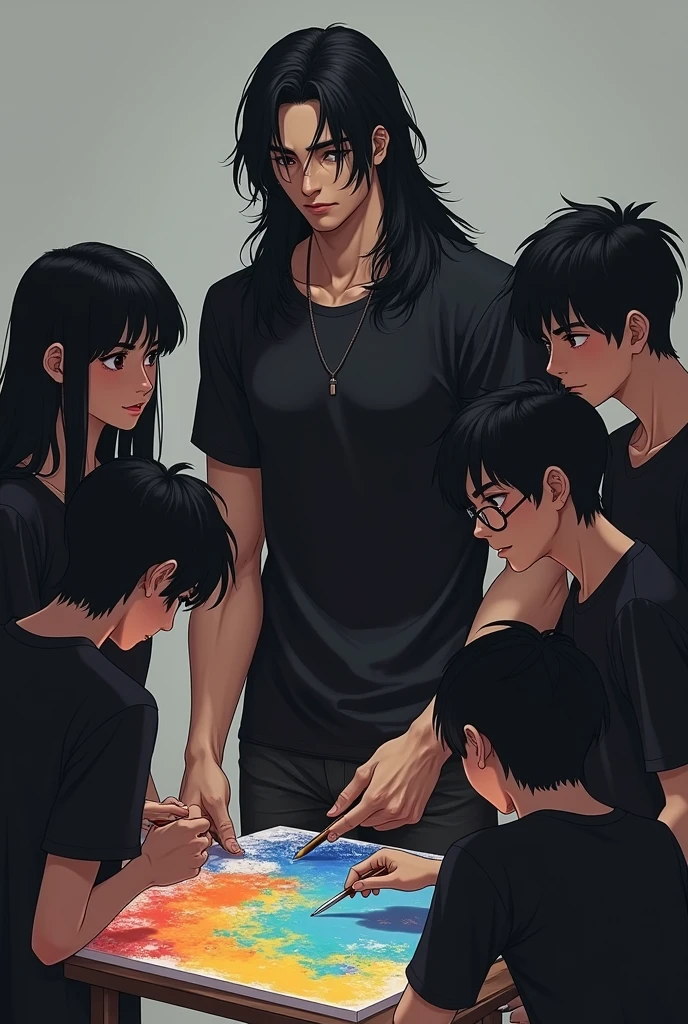 Handsome, realistic, muscular teenager
Tall with long black hair , with black clothes and handsome , beardless
with a sad grayish background environment
with his 4 male friends and 2 female friends painting a colorful canvas , dressed all in black