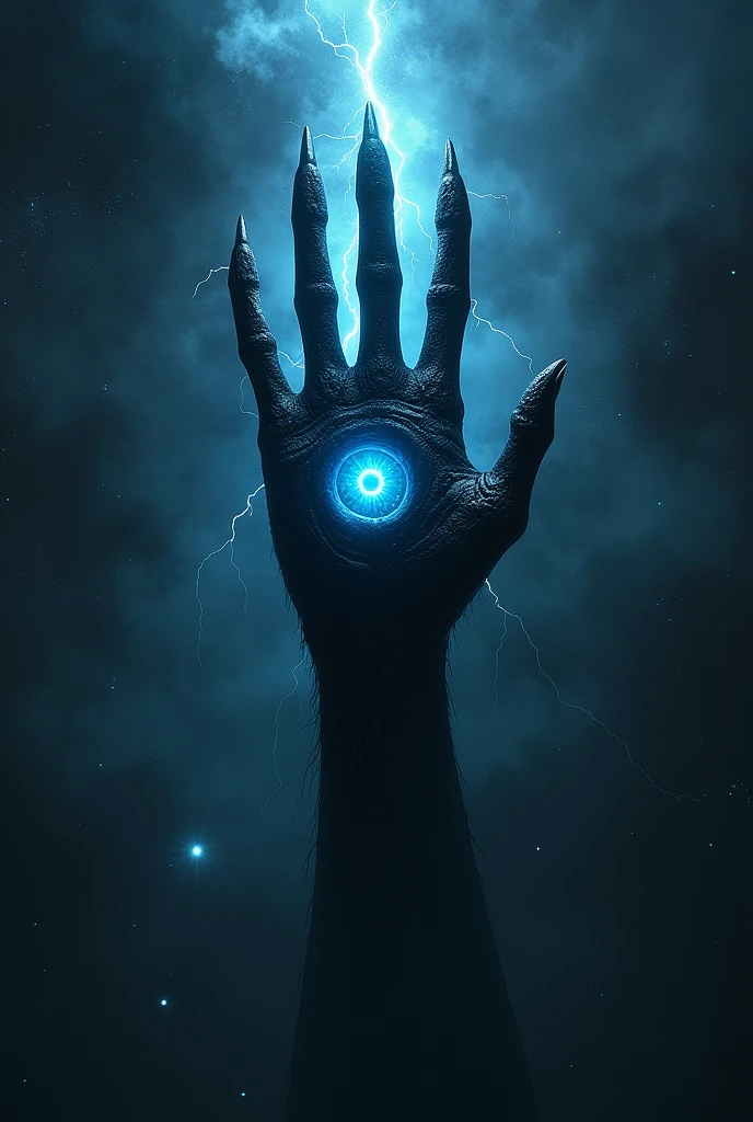 Lovecraftian-style space monster shaped like a disembodied hand palm., with four fingers pointing upwards, black and terrifying in color, floating through space, with a large blue eye in the middle, traversed by electricity.