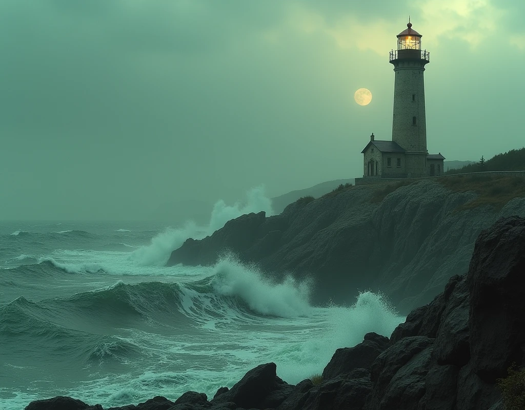 A dilapidated lighthouse overlooking a serene, windswept coastline, greenteam,atmospheric lighting, cinematic composition, moody color palette, magical realism reminiscent of Edward Hopper's paintings, detailed textures, dramatic shadows, realistic waves, rugged sea rocks, overcast sky, warm sunset tones