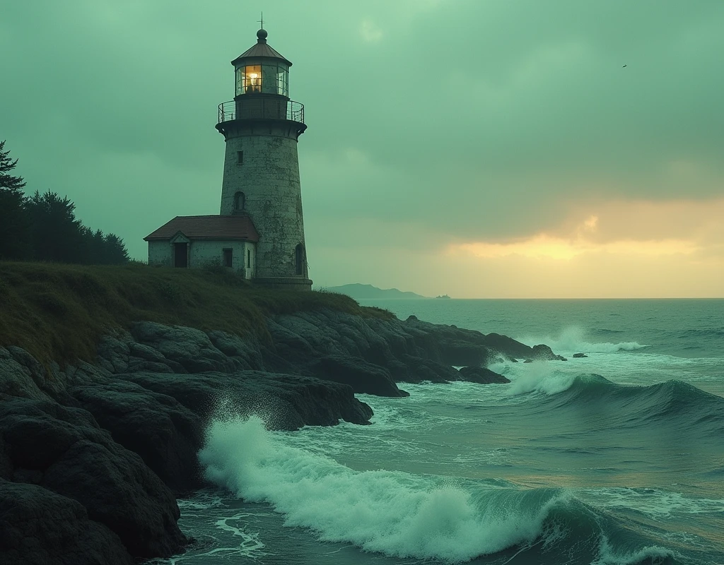 A dilapidated lighthouse overlooking a serene, windswept coastline, greenteam,atmospheric lighting, cinematic composition, moody color palette, magical realism reminiscent of Edward Hopper's paintings, detailed textures, dramatic shadows, realistic waves, rugged sea rocks, overcast sky, warm sunset tones