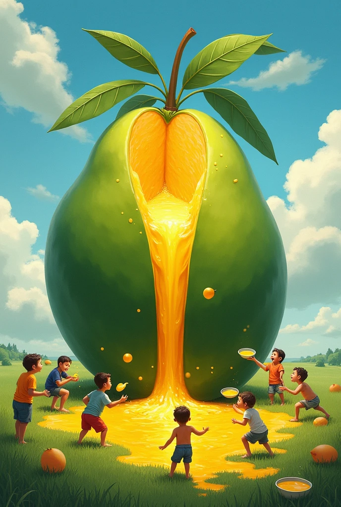 A green mango stands in an open field the size of a five-story building and the juice is pouring out from the mango and children are scooping it up in bowls