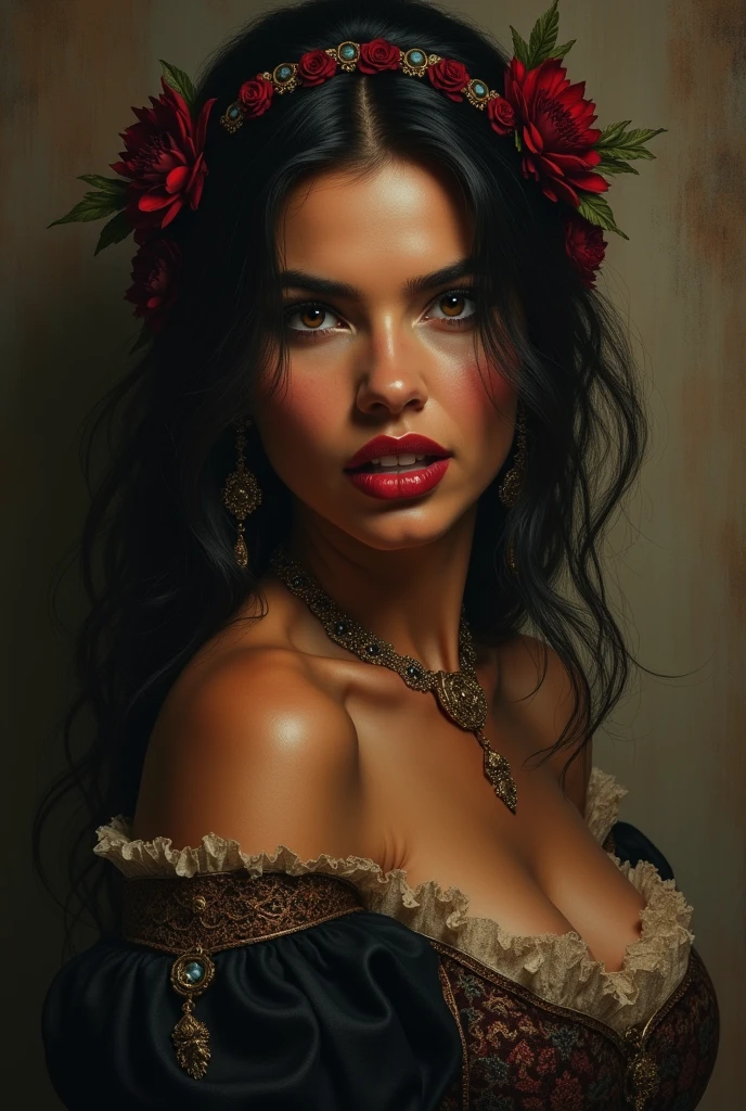Style by Style Style Crypt Award winner, Spectacular oil painting of a beautiful medieval latina peasant woman, 35yo, (seductive expression:1.2), erotic espression, an ominous, evil, (Backlight:1.3), Digital Painting, concept art, Smooth, Sharp focus, Three-part method, Dark fantasy,Intricate details, art:Alexis Briclot, Medium Shot, (Shallow depth of field:1.3), grin seductively, She is erotic, sexy, seductive, moistskin, hyper detailed skin texture, nudity