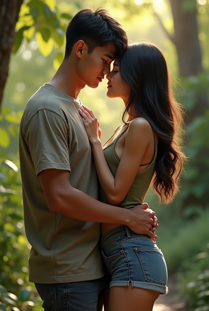 A 17 year old Indonesian man and woman are hugging, the girl is wearing shorts and the boy is wearing long pants.