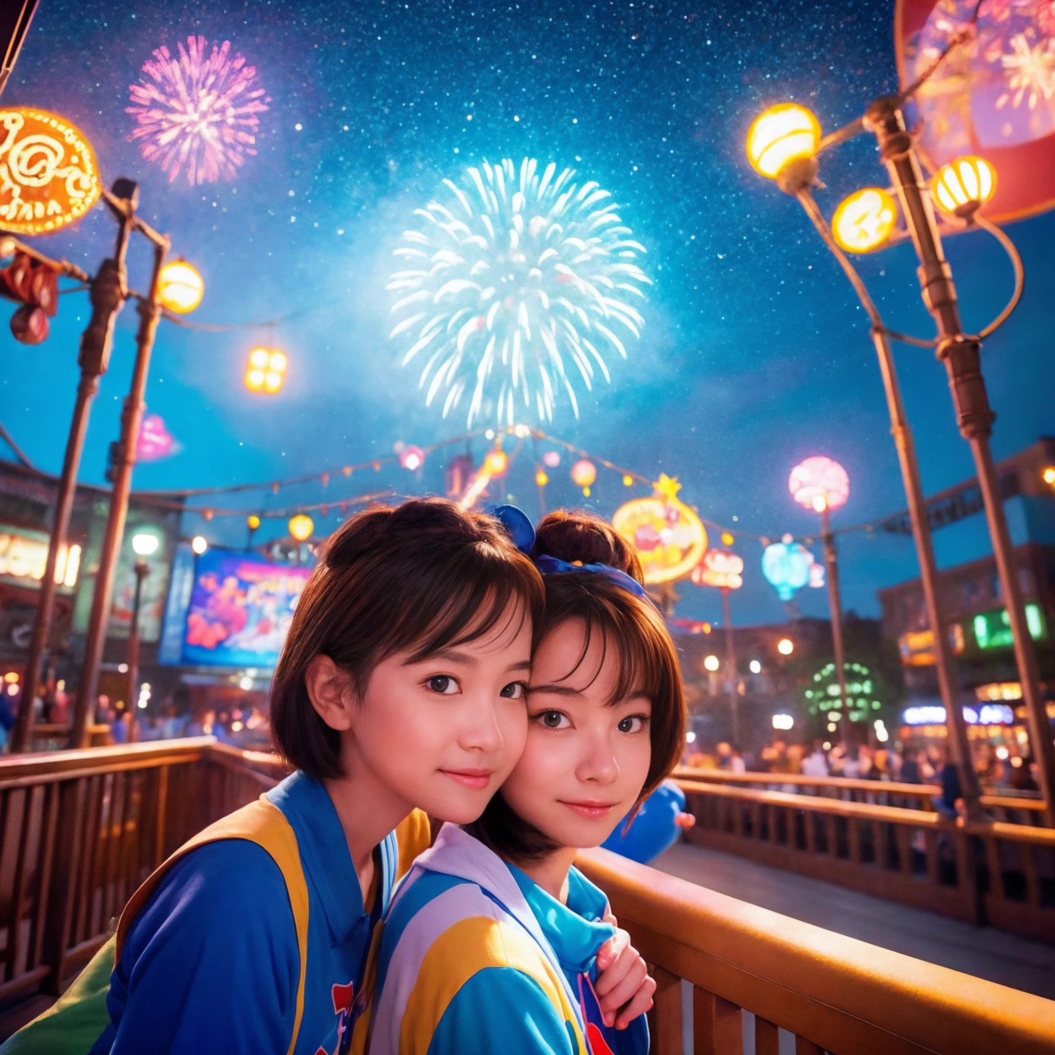 disney pixar illustrations、Two girls captured with a wide-angle lens against the backdrop of illuminations。The one on the right is Bob.、I&#39;マフラーをしているI。The Girl on the Left、I wear a long white hoodie and an outer layer inside.。