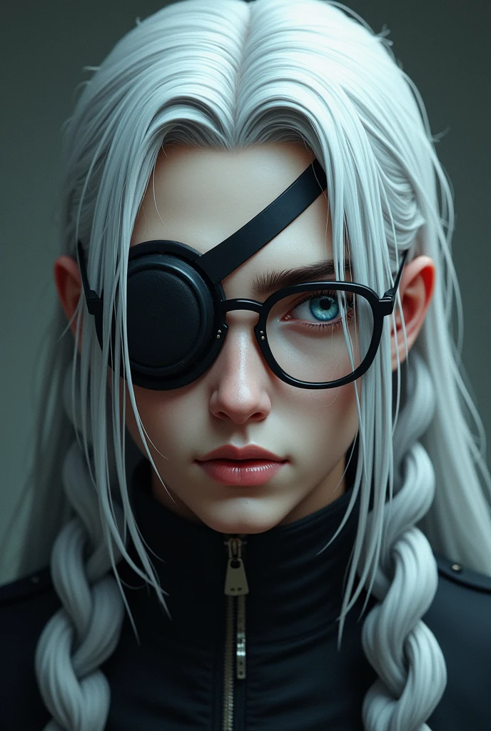 22 year old man with long braided white hair, one blue-grey eye with a large cut, healed. The other eye is covered with a kind of mask, resembling an eyepatch and he wears glasses