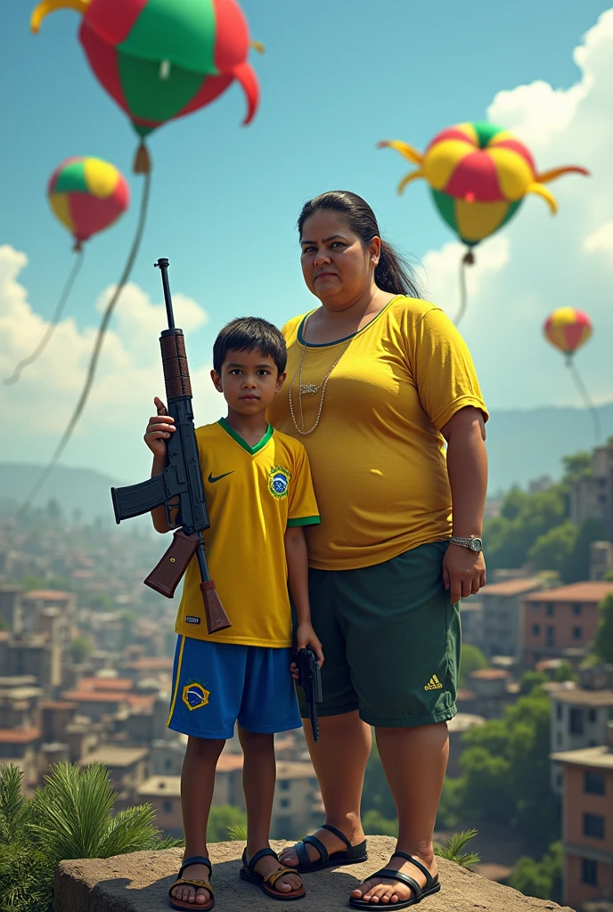 A young boy wearing a Brazil shirt at the top of the favela, holding a rifle and pistol, with several kites in the sky and a very overweight woman beside him.