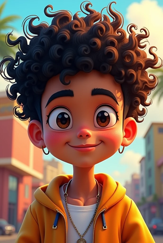A film inspired by Disney Pixar (YOUNG WHITE BOY WITH LONG BLACK CURLY HAIR) He is walking on the city streets, with a gun on his waist, no shirt on the body, with a tattoo on his body with the name WY STRONG SIL, pixar, cool and stylish