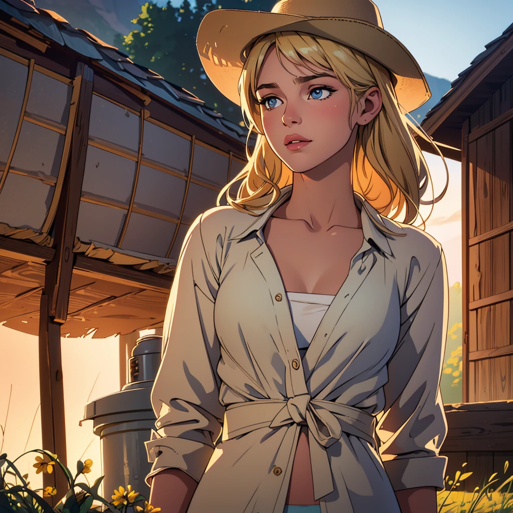 Realistic photo of a beautiful 18 year old m1l3yc, (best quality,ultra-detailed,realistic:1.2),beautiful detailed eyes,beautiful detailed lips,blonde hair,short shirt,bikini,cowboy hat,on a farm,next to a mill,illustration,detailed scenery,soft lighting,vibrant colors full bodySolo, 1girl, Solo, 