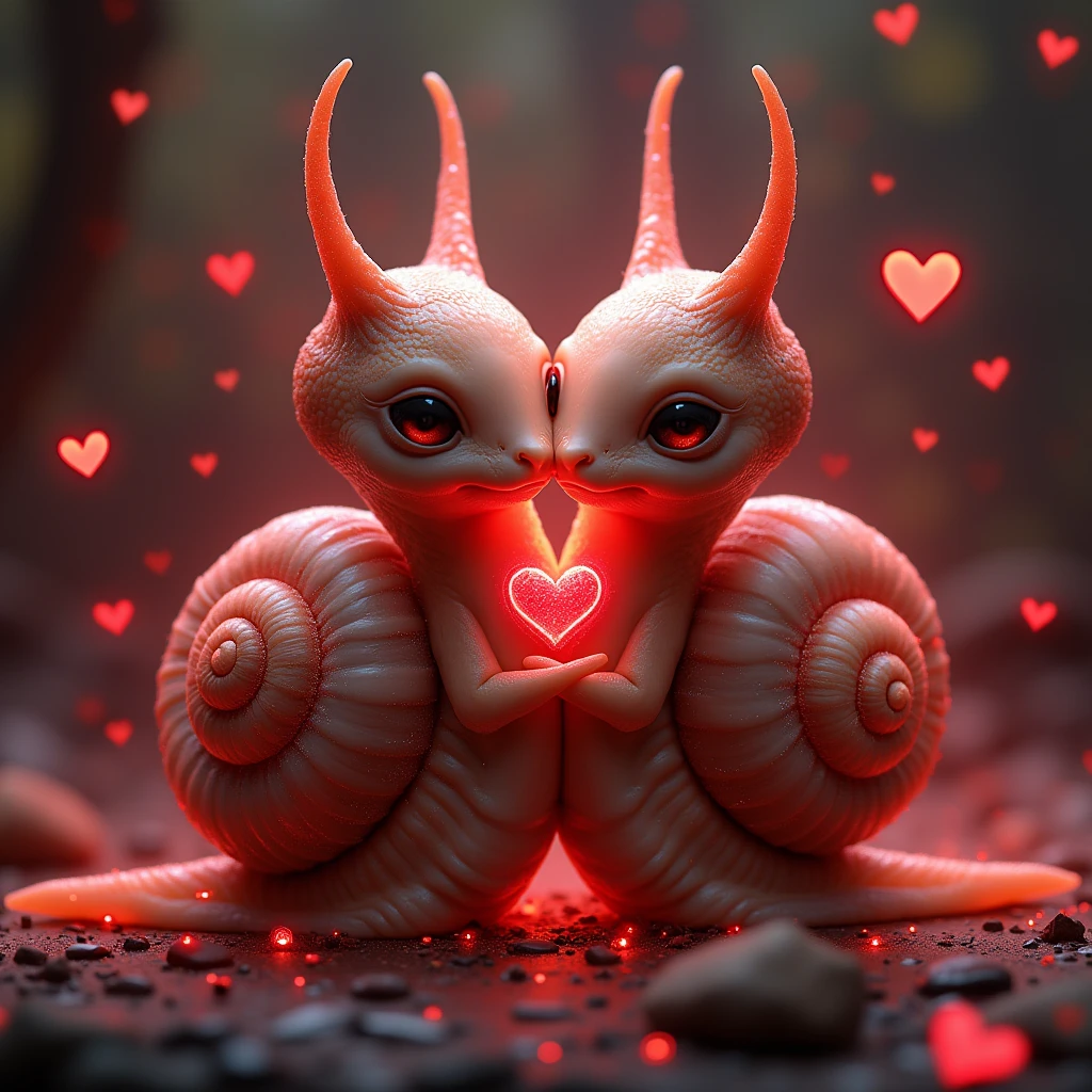 Two fantasy alien snails in love, Red glowing heart shell, Love is everywhere, Very detailed, Realistic texture, Complex, Tiny glowing heat flies , 