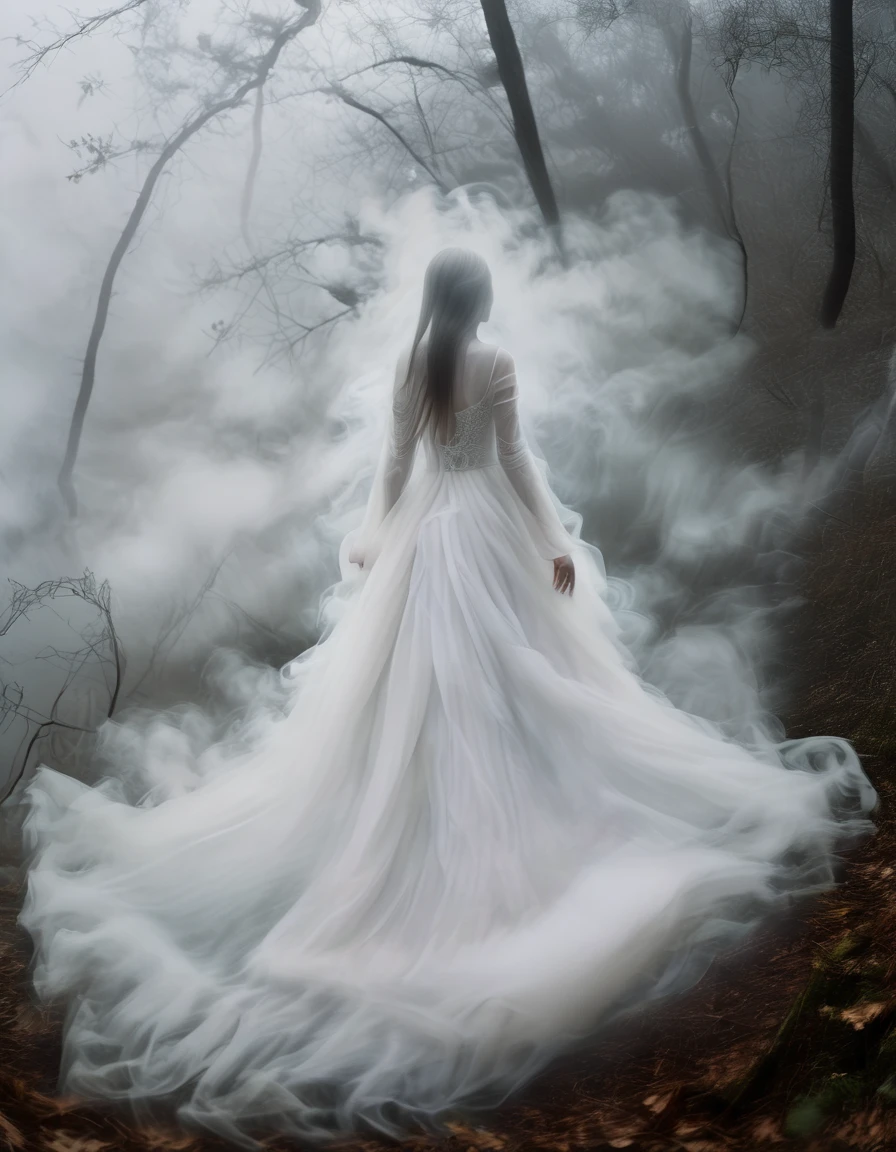 dress made of fog:1.2, msfg, fog, walkwoman:1.2, in the woods, fog background, high detailed, high quality, masterpiece, depth of field, full body shot, high resolution, 32k, dramatically over flown long and flowing white fog dress, silver long straight fog hair, hollowfication, from front