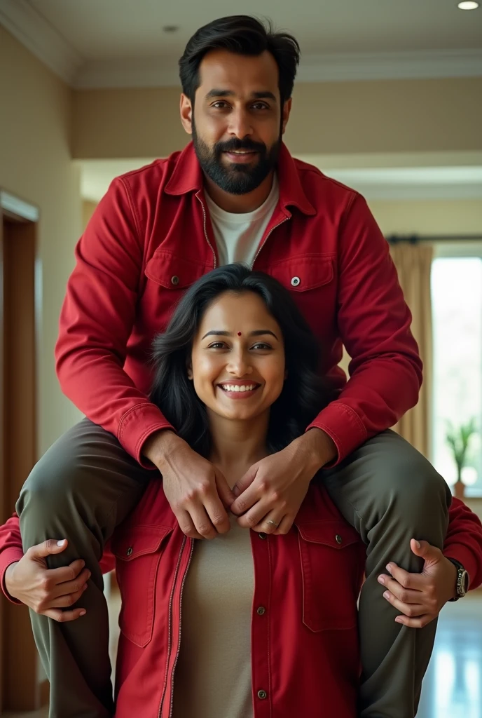 Create a realistic photograph of a smiling and beautiful indian actress in red jacket carrying a large man on her shoulders in a room, man is sitting on top of her shoulders , man on top, woman at bottom
