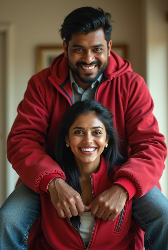 Create a realistic photograph of a smiling and beautiful indian actress in red jacket carrying a large man on her shoulders in a room, man is sitting on top of her shoulders , man on top, woman at bottom 