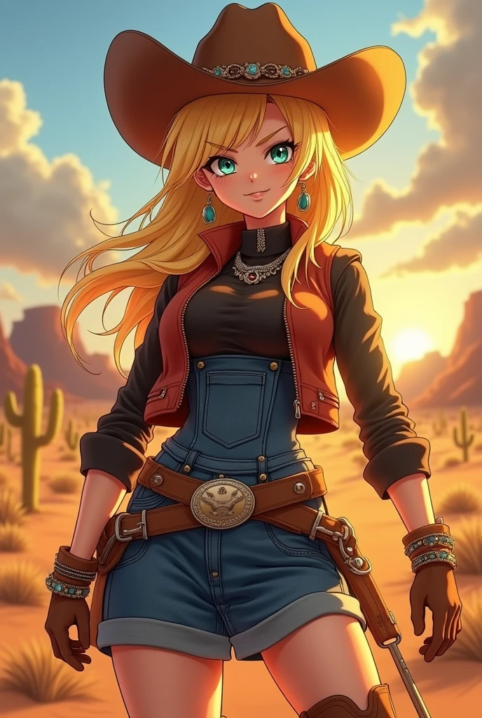 (Cowboy Shot: 1.2), (Android_18, AND18(Dragon Ball Z), (Beautifully detailed eyes and face), (From face to thighs: 1.4), (Hit the knee: 1.2), Blonde, alone, Lady, (Beautiful background), :), Dynamic Angle, blue eyes, Bright Face, sunlight, (Bright Face: 1.2), Very wide hips, Very thick thighs, Full Body Shot, alone, Blonde,  blue eyes, short hair, Earrings, jewelry, Denim dress, Open Vest, (Black Shirt), Denim skirt, (Long sleeve stripes), Blue Skirt, brown cowboy boots,nsfw,NTR