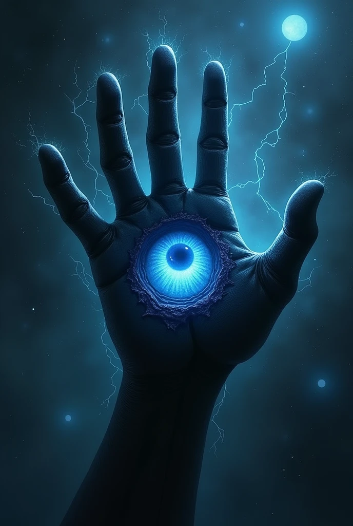 Lovecraftian space monster shaped like the palm of a hand WITHOUT A WRIST and no arm, with four fingers pointing upwards, black and terrifying in color, floating through space, with a large blue eye in the middle, traversed by electricity.