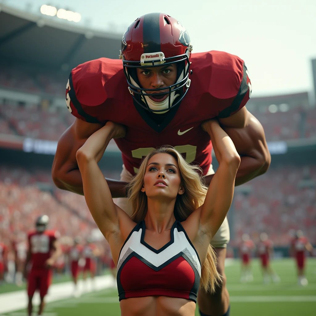 Blonde, Beautiful, and strong cheerleader lifting a large male football player in her strong arms. Photorealistic. View from a distance.