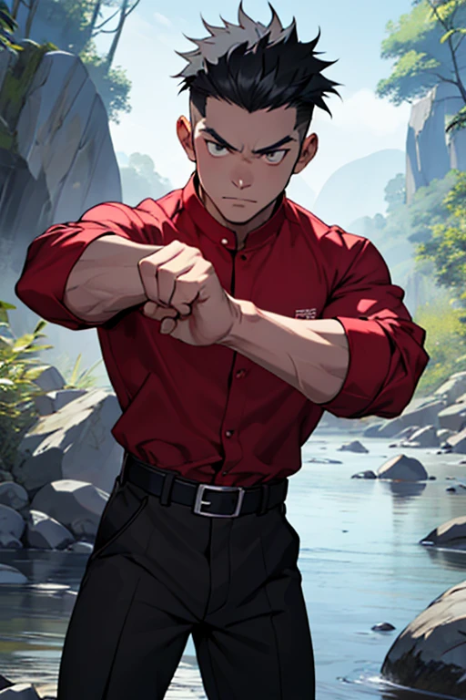 One boy, alone, Iris, Point pupils, Black Hair, short hair, gakuran, Black jacket,Red Shirt、Black Belt, Black trousers, bad、In the river、Legs spread in fighting pose,　Upper Body