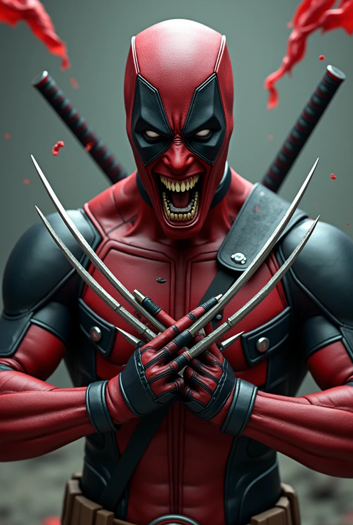 Terrifying Deadpool with Wolverine's claws sticking the claws into a kite ,

