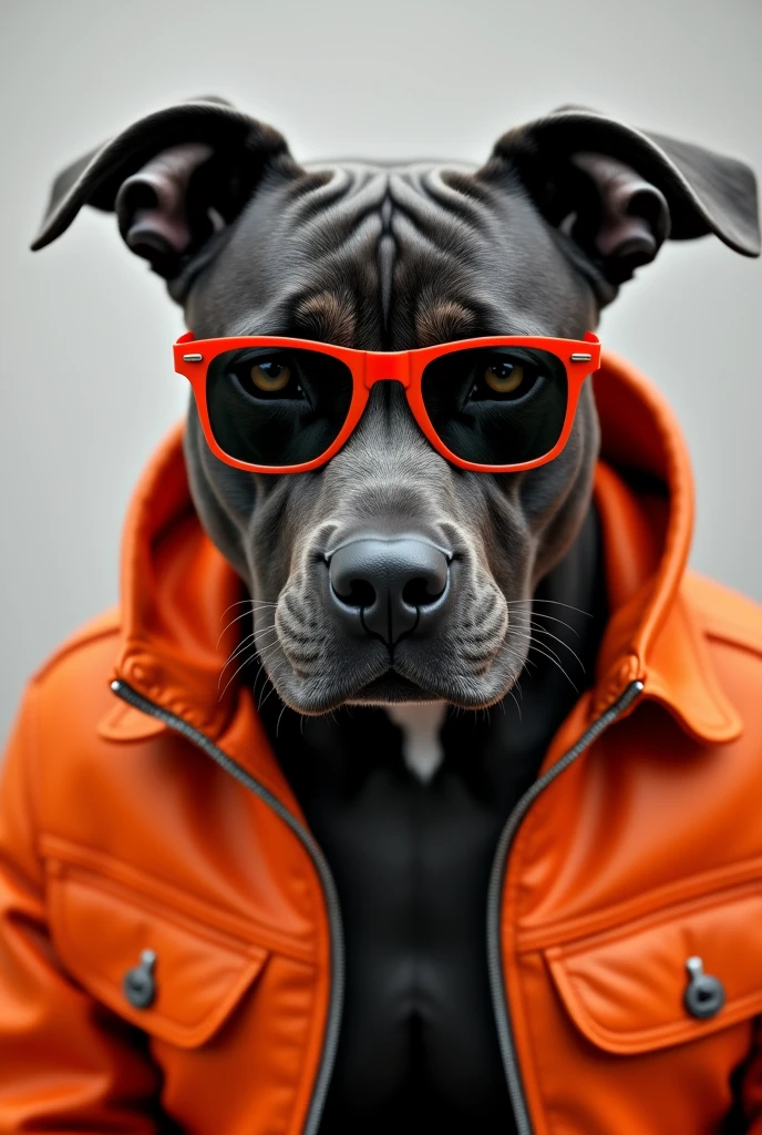 Create a black and white image of a pitbull dog with red glasses in 4k. The dog must have an orange leather jacket.