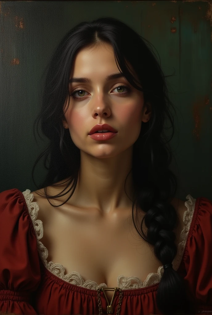 Style by Style Style Crypt Award winner, Spectacular oil painting of a beautiful medieval latina peasant woman, 35yo, (seductive expression:1.2), erotic espression, an ominous, evil, (Backlight:1.3), Digital Painting, concept art, Smooth, Sharp focus, Three-part method, Dark fantasy,Intricate details, art:Alexis Briclot, Medium Shot, (Shallow depth of field:1.3), grin seductively, She is erotic, sexy, seductive, moistskin, hyper detailed skin texture, nudity