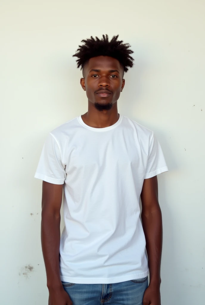 A before and after picture of a 26 years old brown skinned boy who increased his height by 10 centimeters , wearing a t shirt, make him stand in front of a white wall that have a small stain