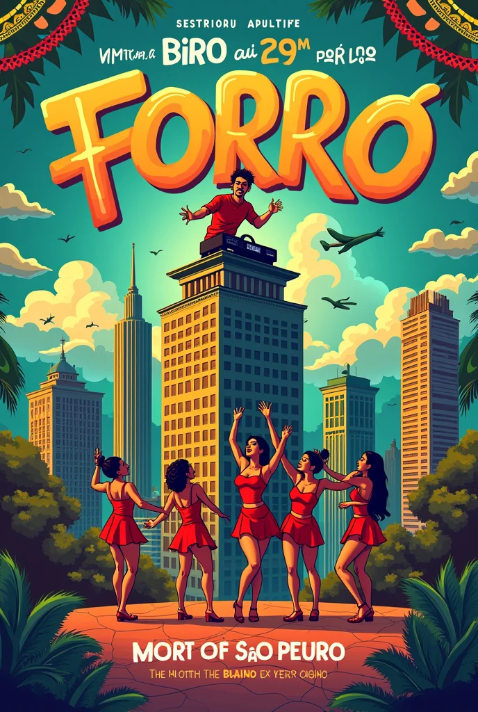 Forró flyer with a building in downtown São Paulo, with a DJ on top and a 4-piece female forró band with forró instruments in their hands, flyer information