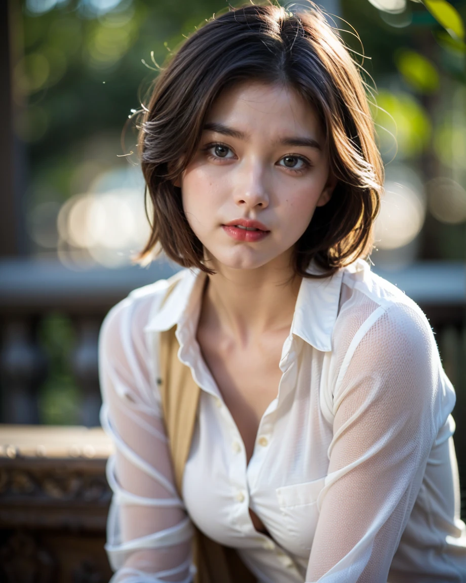 ((最high quality, 8k, masterpiece: 1.3)), (Photorealistic:1.4), (The focus is on the distant subject:1.4), (Surreal:1.4), (Smooth lighting:1.05),（Cowboy Shot：1.8）、(Japanese: 1.0), (((Small breasts：1.5)))、(Large, narrow eyes: 1.4), (Natural and realistic eyes: 1.7), (light-colored pupils: 1.7), (Height: 160cm: 1.2), (Transparent white skin: 1.2), Mouth slightly open, Pure beauty,（Age 25 years old：1.9）、 Soft lighting, Backlight, (Cheerfulness:1.2), (Highest quality realistic textured skin), Narrow eyes, Super Fine Face, Glowing Skin, retina, （Anatomically correct：1.2）, Super detailed, Textured skin, high quality, Advanced Details, 最high quality, High resolution, short hair, bangs,（Light pink nipples, almost flesh-colored：1.5）、（Show your clean and correct hands：1.0）、((Leaning forward：1.3))、((Open shirt：1.3))、((beautiful and alluring nipples：1.3))、Provocative nipples are visible.、