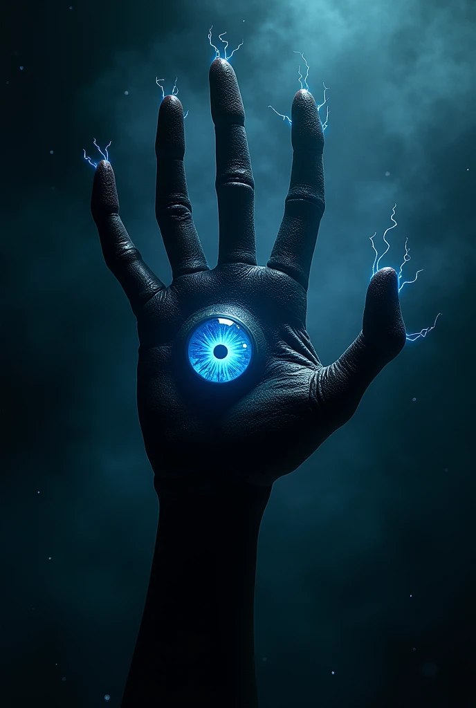 Lovecraftian-style space monster that is shaped like the palm of a hand WITHOUT A WRIST and without an arm to hold it., with four fingers pointing upwards, black and terrifying in color, floating through space, with a large blue eye in the middle, traversed by electricity.