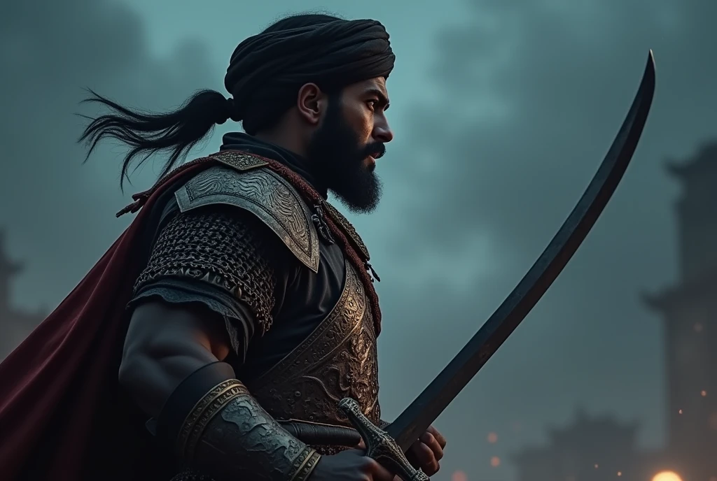 Profile, dash pose, many Muslim warriors, black men , middle body, (Has black hair and a beard),(Cover the whole body in armor, ((Chinese sword in both hands)) , ((He wears a chain clothes, and Wearing a turban, body light armor))) , night ((Anatomically correct,Surrealism, uhd, retina, accurate, anatomically correct, textured skin, super detail, high details, best quality, 8k))