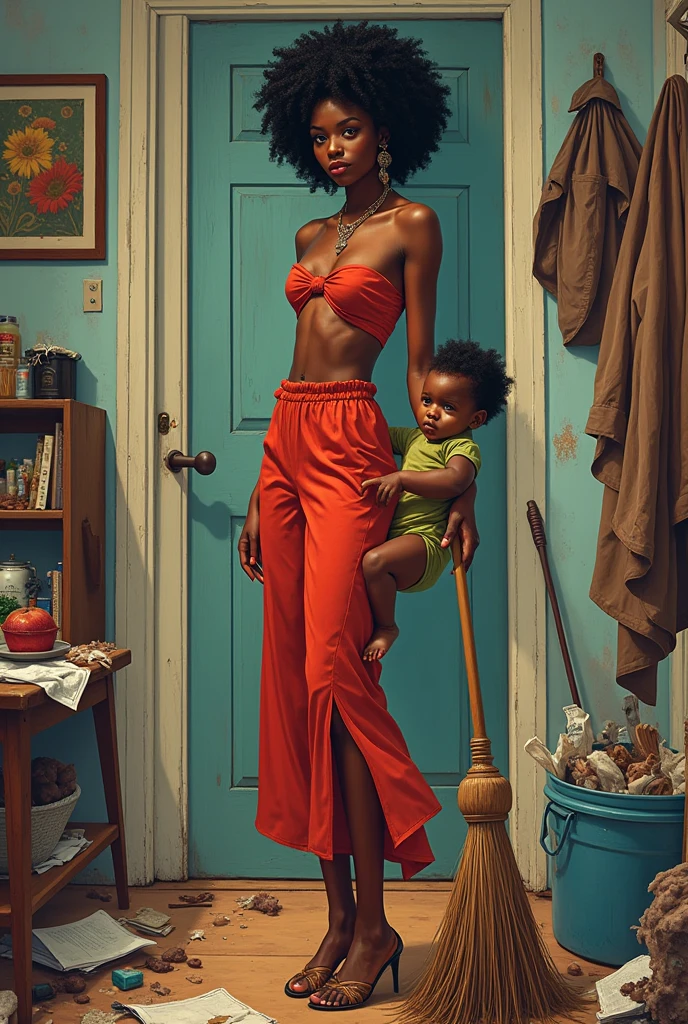 Drawing of a tall, slim Black woman with short curly hair.
A Black baby is hanging from the mother's hair.
The image is in color.
The woman is holding a broom and the house is messy.