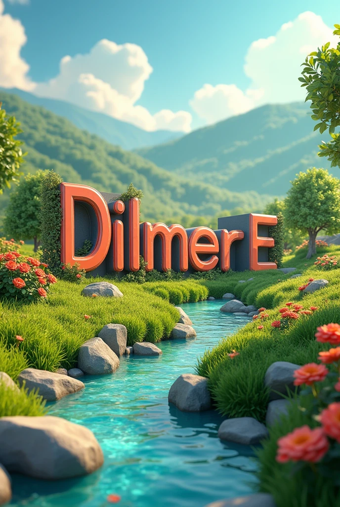 The word "Dilmer E" 3D embossed with a beautiful countryside landscape background with a crystal clear river