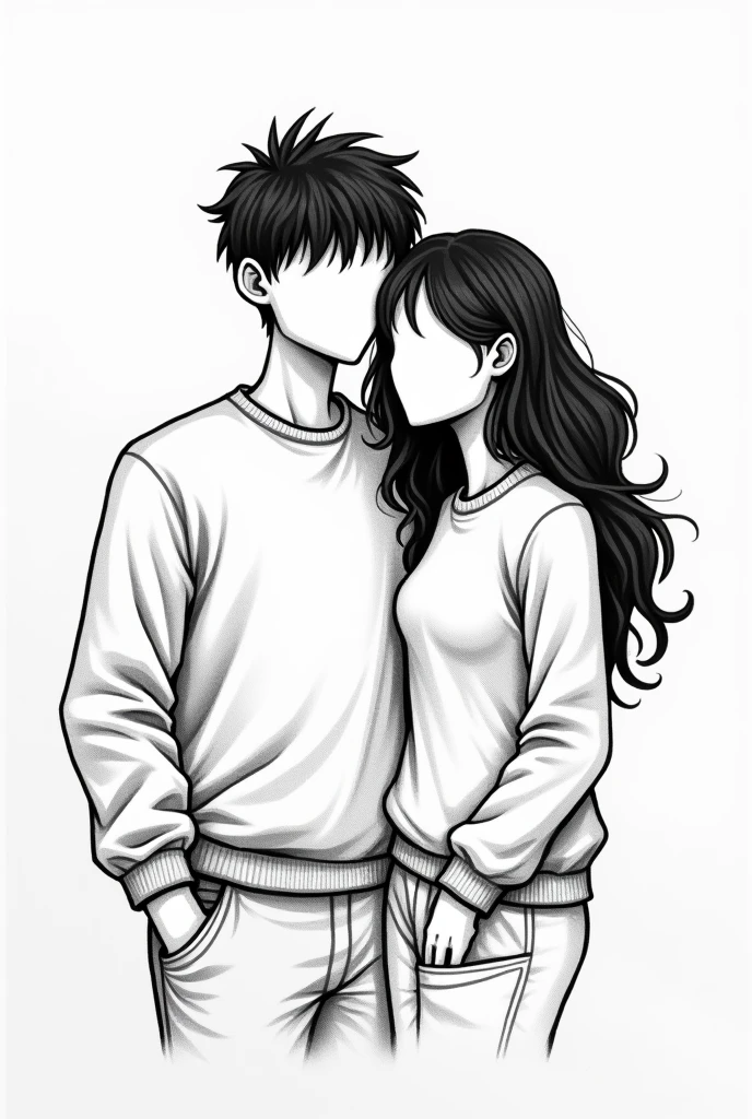 Black and white drawing of a couple whose faces are not shown, the has a fringe almost completely covering the eye and the rest with cheeks, his body is stocky and he wears a sweatshirt. A has full, wavy hair, that goes all the way to the back