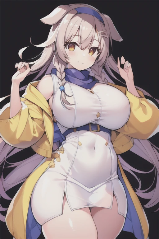 1girl, Korone, smile, dog ears, twin braids, sidelocks, hair ornament, ((white dress)), jacket, yellow jacket, jacket, open clothes, open jacket, dress, short dress, sleeveless dress, huge breasts, wide hips, thick thighs, tall, tall female, mature female, bandana, scarf, hourglass figure, standing, ((huge breasts)), ((mature female))