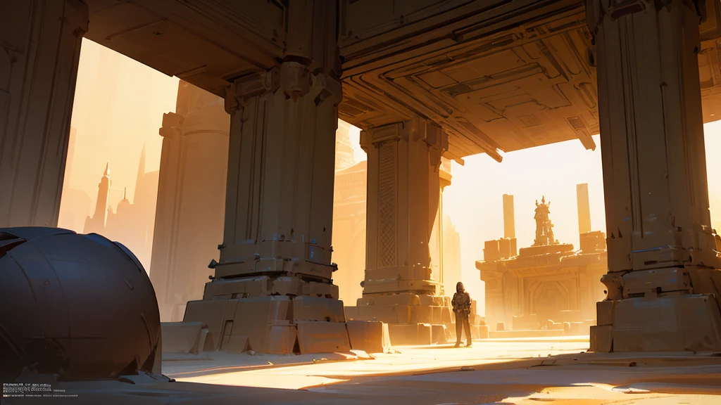 a vast futuristic dungeon interior, top down view, rpg setting, desert environment, highly detailed, intricate architecture, glowing panels, holographic displays, advanced technology, metallic structures, geometric patterns, dim lighting, moody atmosphere, photorealistic, cinematic lighting, dramatic shadows, vivid colors, ultra-detailed