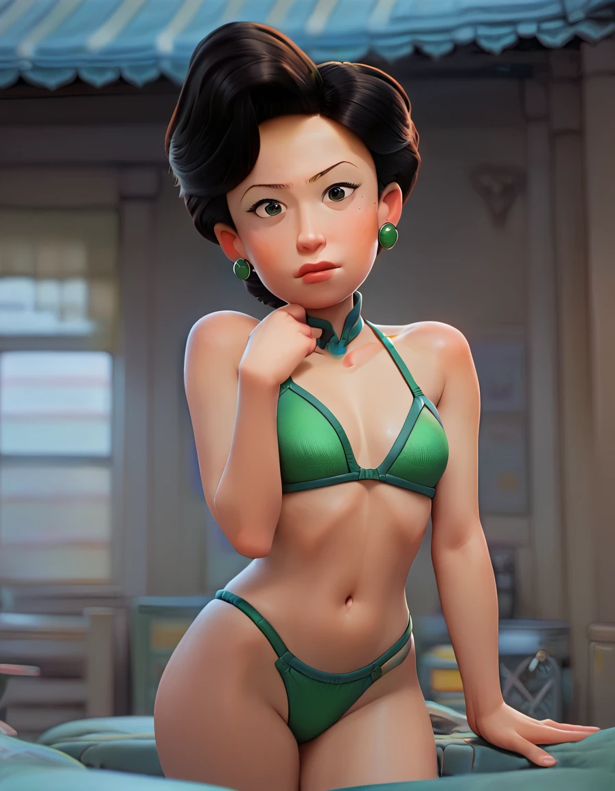 Ming Lee, Bblack hair, eyes browns, Tilt your head, cowboy shot, bared shoulders, Ming Lee, 1 girl, standing alone, ((green bikini)), gazing at viewer, all-body, standing, pose, best quality, no flaws