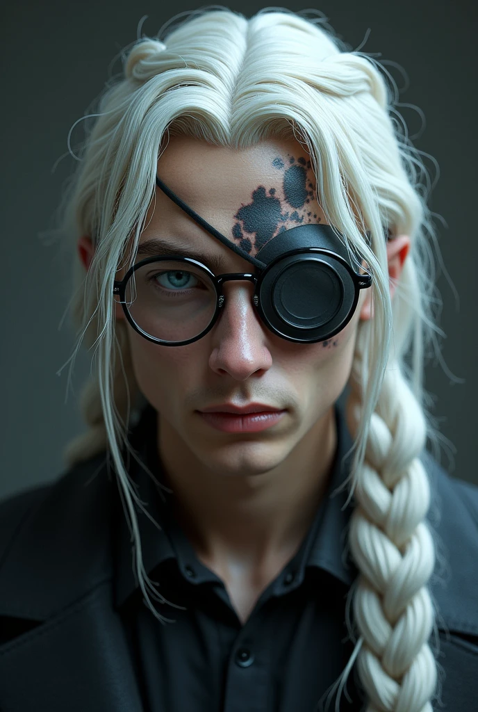 22 year old man with long braided white hair, one blue-grey eye with a large cut, healed. The other eye is covered with a kind of mask, resembling an eyepatch and he wears glasses