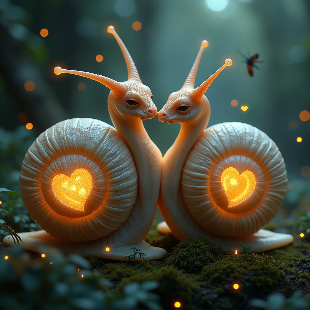 Two fantasy alien snails in love, Red glowing heart shell, Love is everywhere, Very detailed, Realistic texture, Complex, Tiny glowing heat flies , 