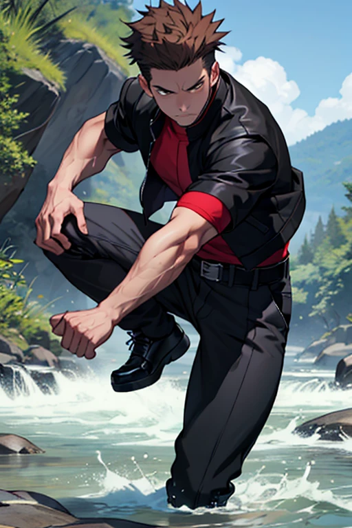 One boy, alone, Iris, Point pupils, Brown Hair, short hair, gakuran, Black jacket,Red Shirt、Black Belt, Black trousers, bad、In the river、Legs spread in fighting pose,　Upper Body