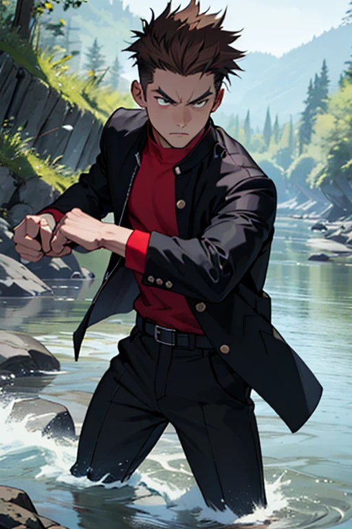 One boy, alone, Iris, Point pupils, Brown Hair, short hair, gakuran, Black jacket,Red Shirt、Black Belt, Black trousers, bad、In the river、Legs spread in fighting pose,　Upper Body