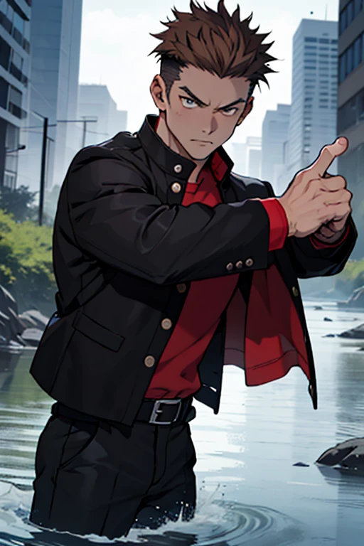 One boy, alone, Iris, Point pupils, Brown Hair, short hair, gakuran, Black jacket,Red Shirt、Black Belt, Black trousers, bad、In the river、Legs spread in fighting pose,　Upper Body