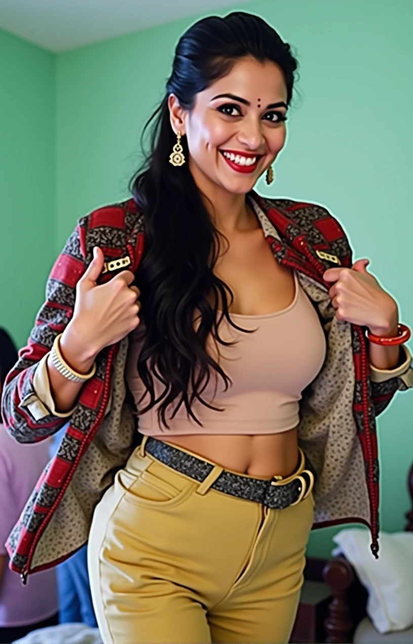 Create a realistic photograph of a smiling and beautiful indian actress in red jacket carrying a large man on her shoulders in a room, man is sitting on top of her shoulders , man on top, woman at bottom 